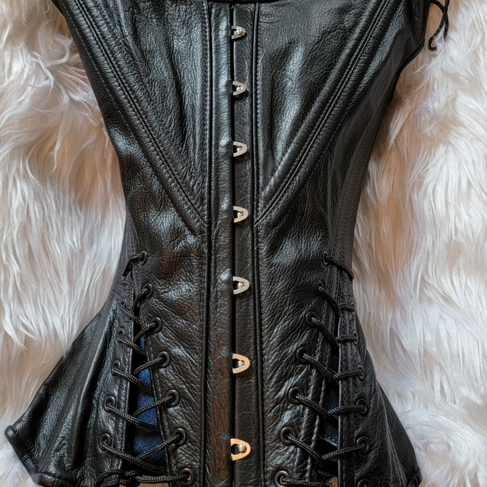 Black Leather Corset with front busks and strong back laces